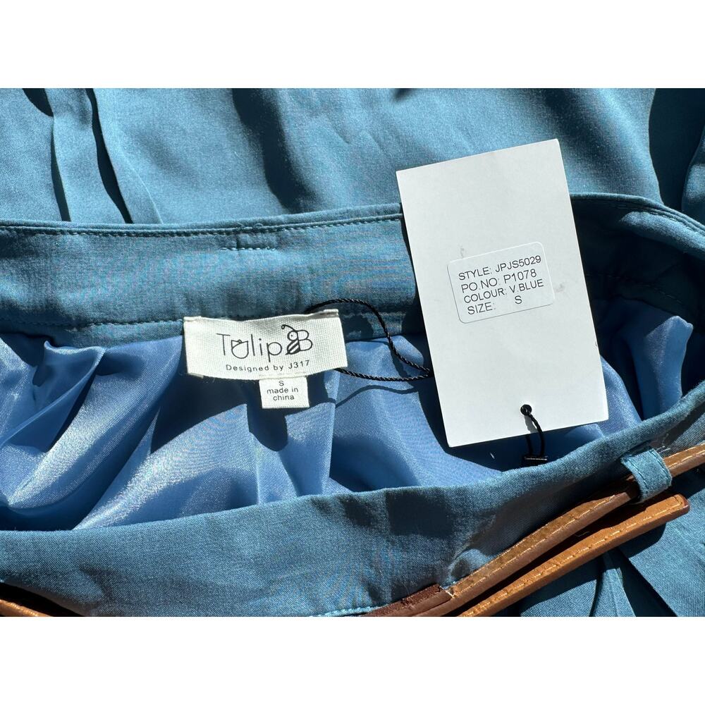 Tulip B Vintage Blue Pleated Midi Skirt Belt Pockets Lined Small NEW - Picture 8 of 11